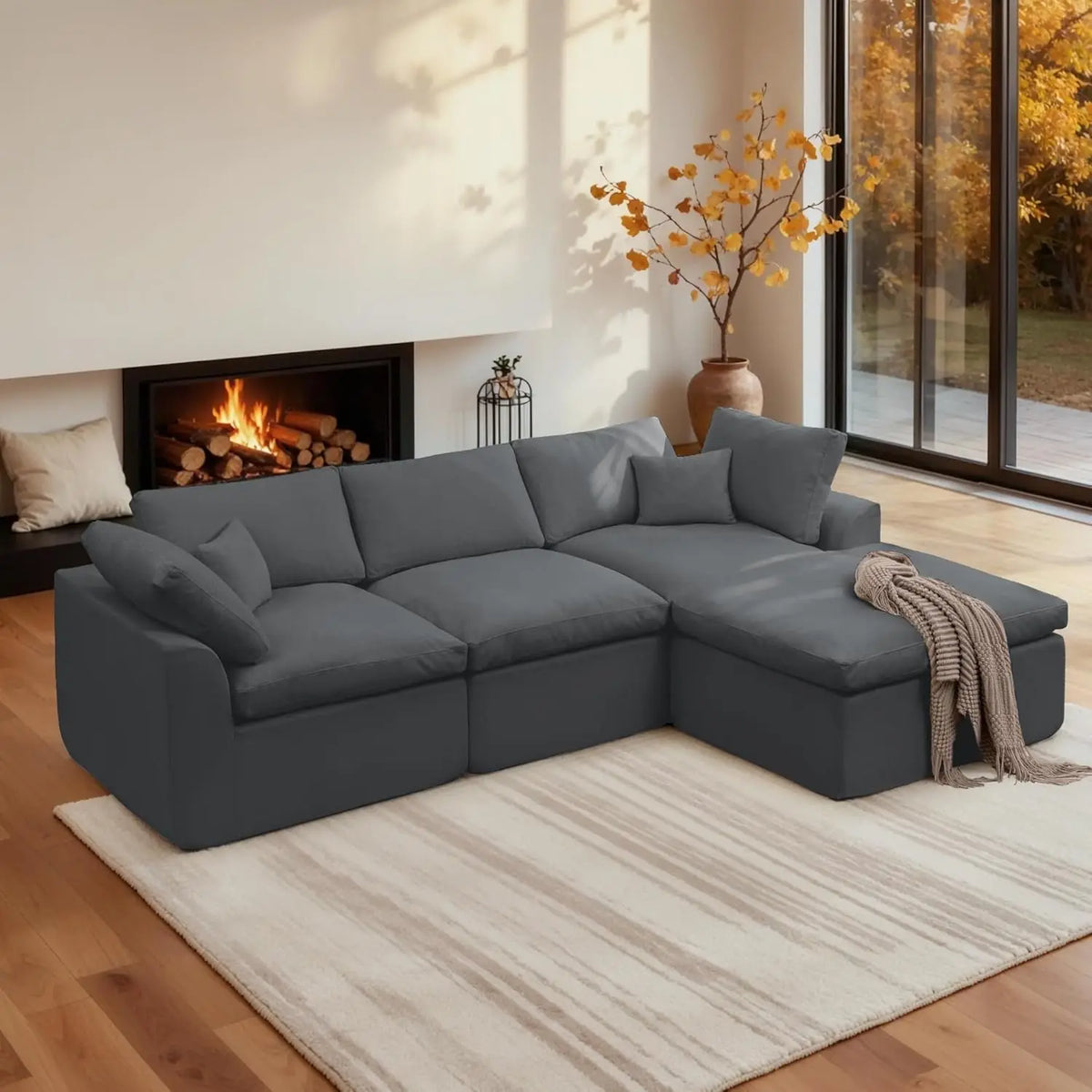 110" Modular Sectional Sofa with Ottoman, Deep Seat Fluffy Chenille, L-Shape Couch