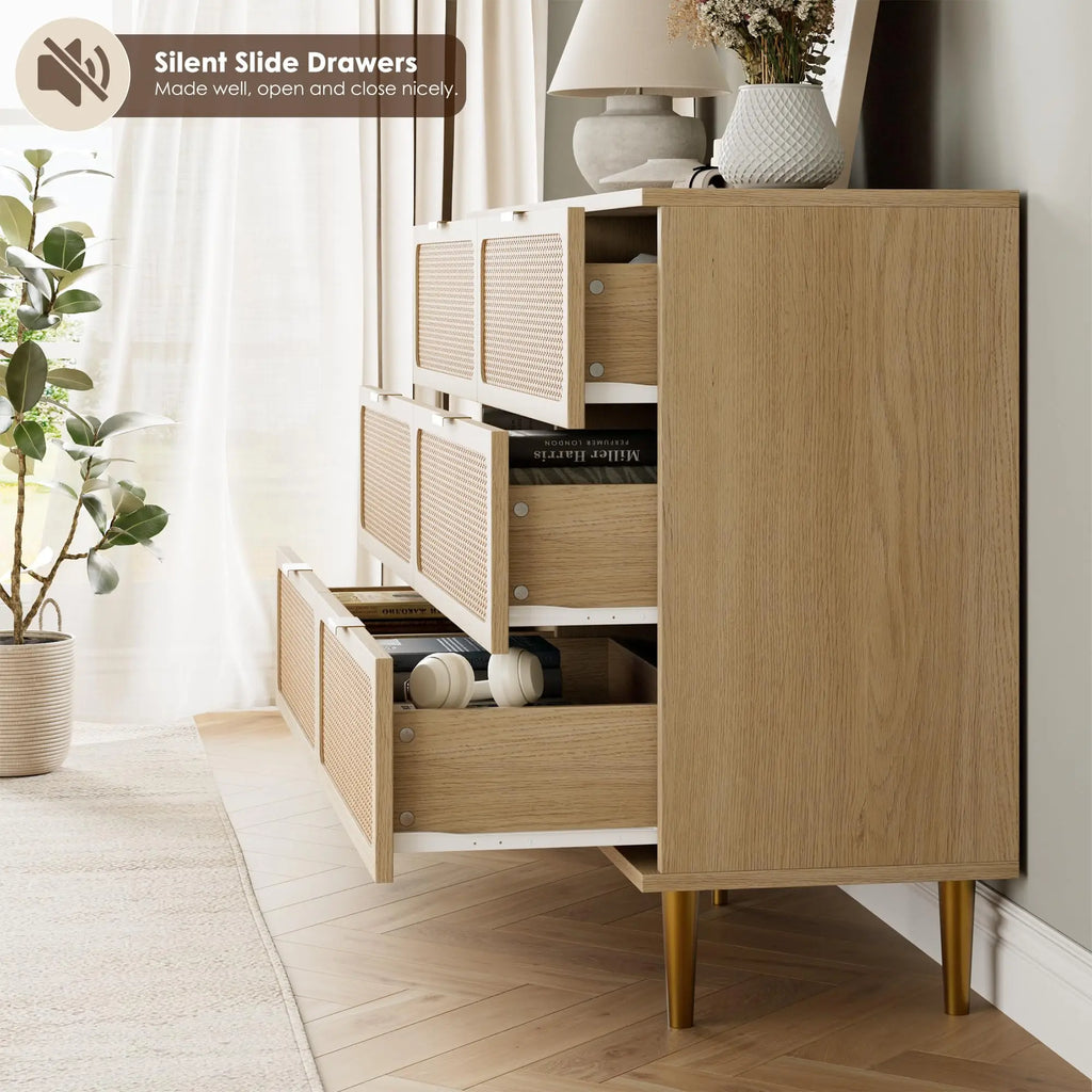 6-Drawer Rattan Dresser, Natural Hand-Woven Rattan & Wood Large Storage Dresser