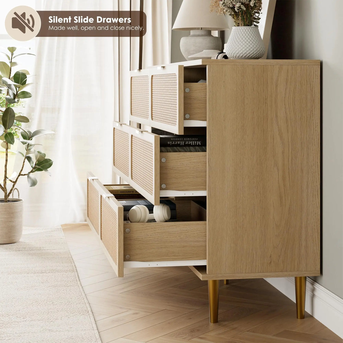 6-Drawer Rattan Dresser, Natural Hand-Woven Rattan & Wood Large Storage Dresser