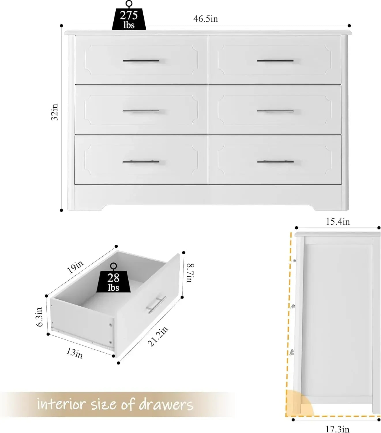 Furniture 6 Drawer Dresser, Modern White Wide Chest of Drawers with Metal Handels