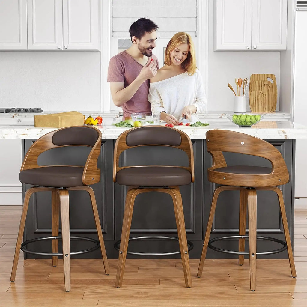 26in Bentwood Counter Stools Set 3 Leather Swivel