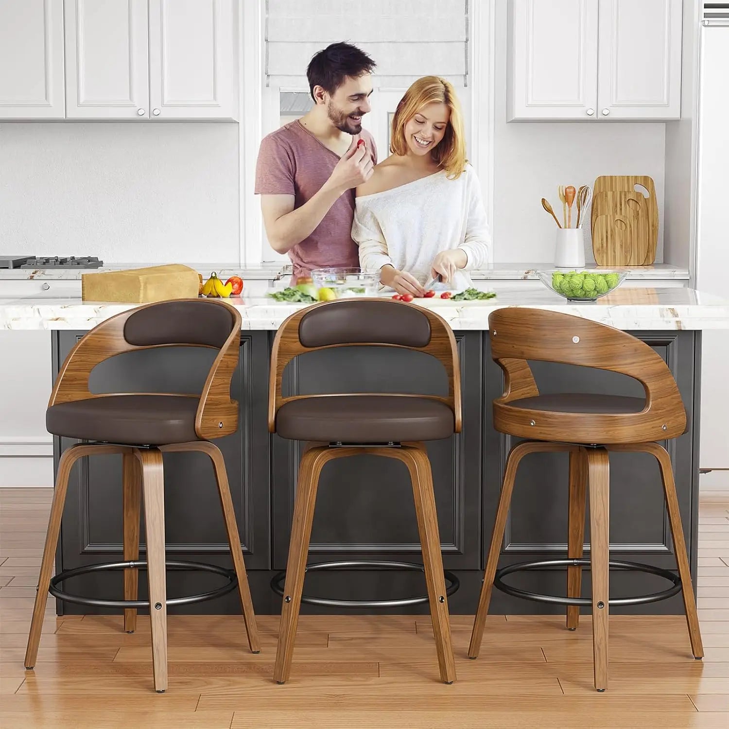 26in Bentwood Counter Stools Set 3 Leather Swivel