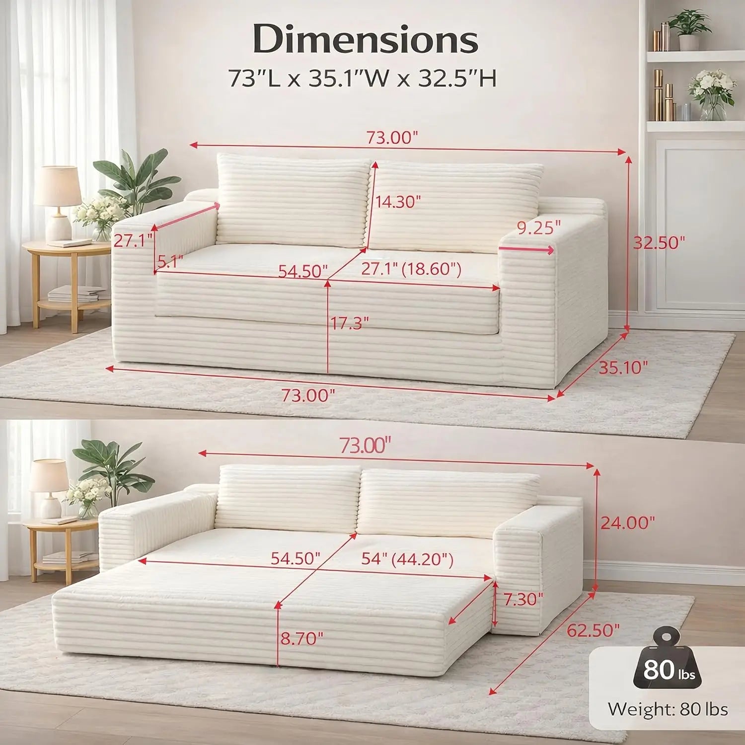 73" Convertible Sleeper Sofa, Comfy Corduroy Foldable Sofa Bed with 2 Pillows
