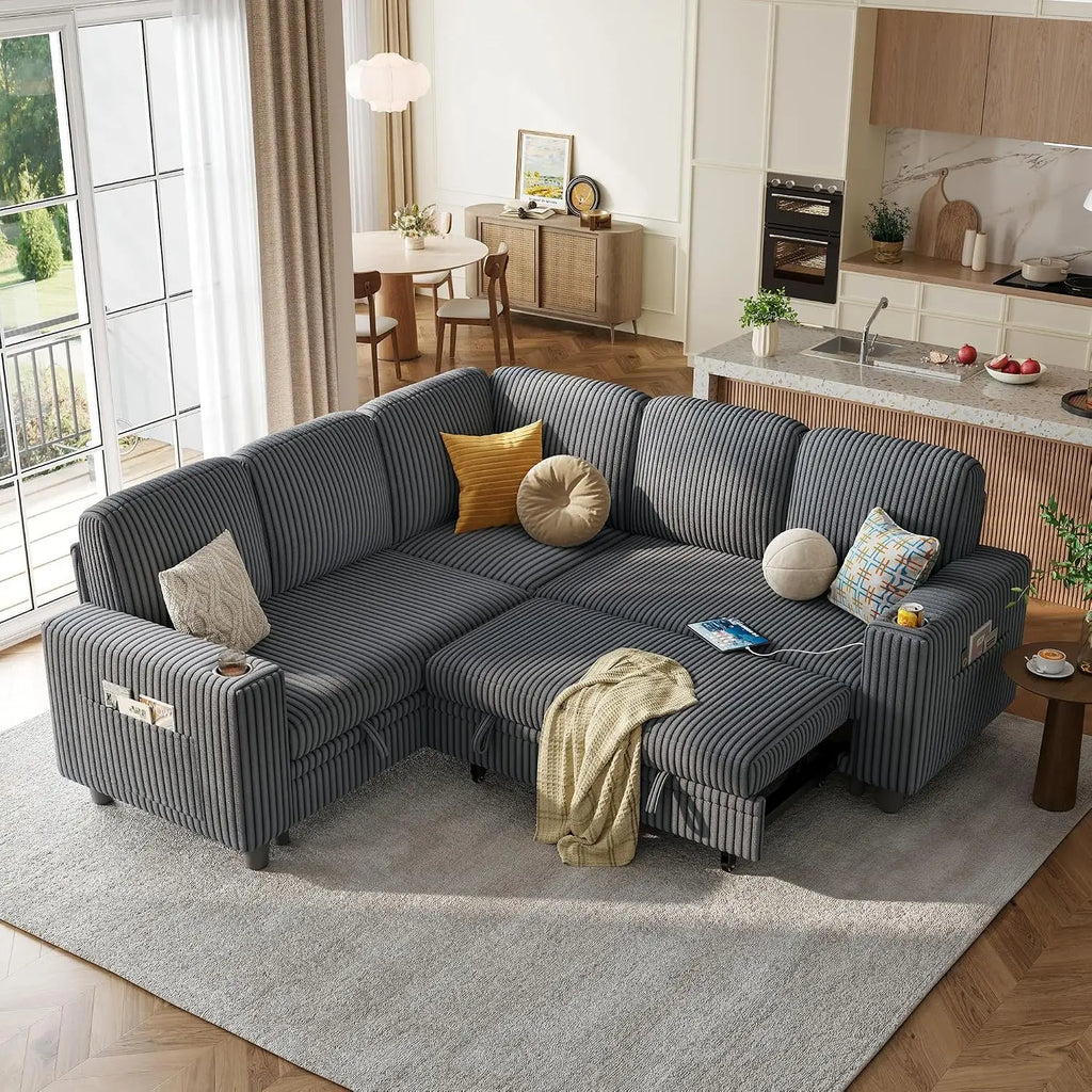 Sectional Couches, 81" L Shape 5 Seats, Green Sleeper Sofa
