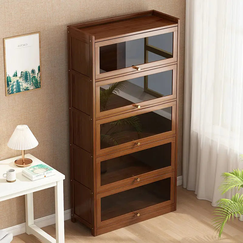 Modern Bamboo Bookshelf Storage Cabinet with Flip Doors 4/5/6 Tier Bookcase