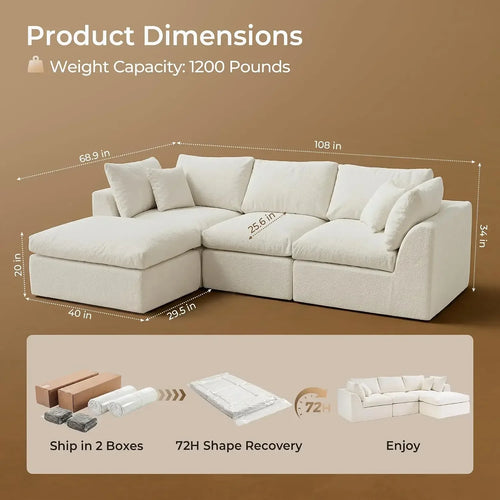 108" Cloud Sectional Couch with 2 Washable Cover Sets, Ottoman, Deep Seat Couch
