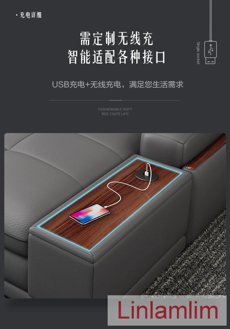 Italian Genuine Leather Sofa - Bluetooth Speaker, USB Charging