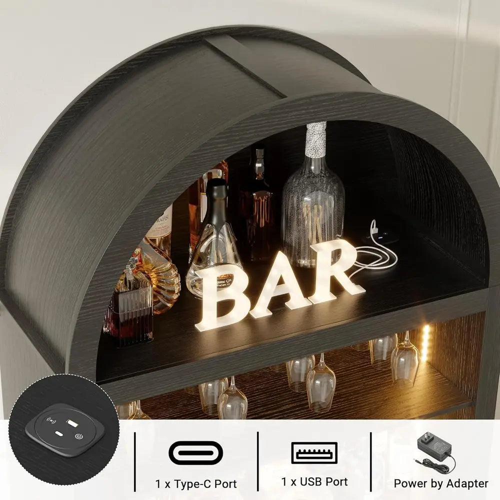 Arched Wine Bar Cabinet with Racks, Glass Holder, LED Lights, Charging Ports for Kitchen