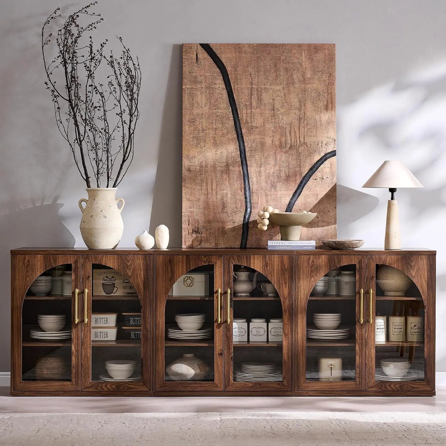Fluted Arched Door Sideboard Set of 3, Accent Cabinet with Adjustable Shelf, Wood Storage for Dining & Living Room, Customized