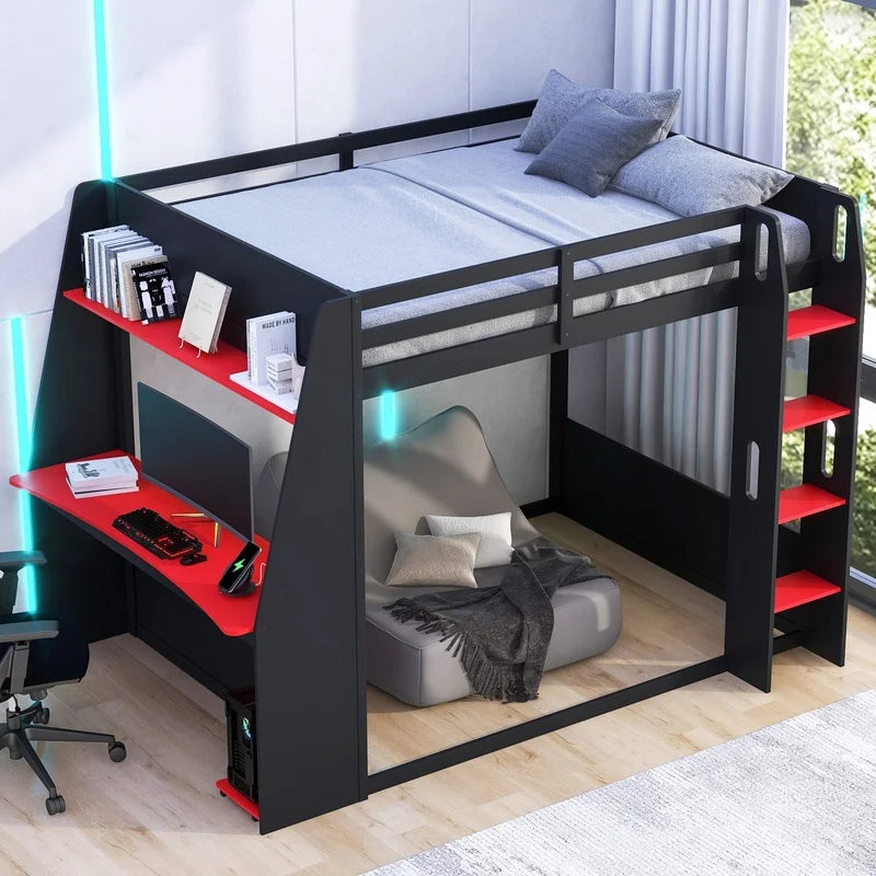 Wooden Gaming Bunk Bed with Desk, Storage Shelves, USB and LED Lighting