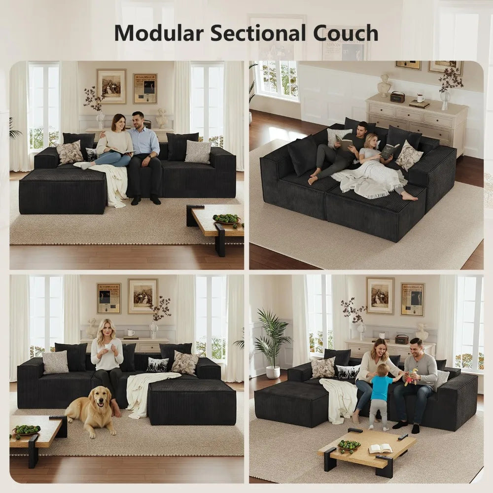 110” Sectional Couches, 3 Seat Grey Corduroy Boneless Couches Sofa Bed with Pillows