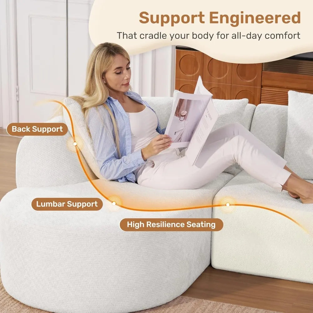 114-inch Frameless Sofa, Modern Modular Sofa with Chaise Lounge, L-shaped Cloud-shaped Sofa