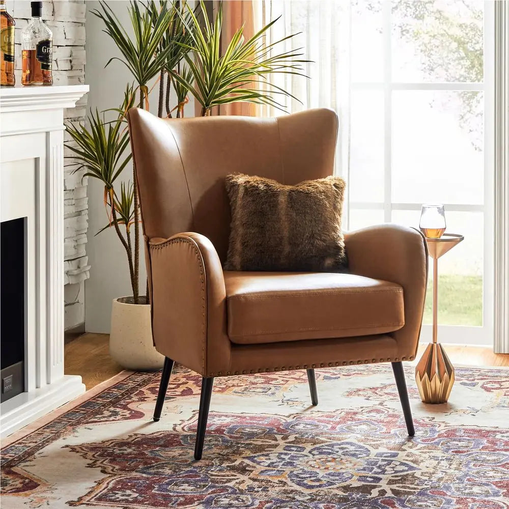 Faux Leather Accent Chair with Removable Cushion, Comfy Upholstered Armchair with Black Metal Legs amp Nailhead Trim Wingback V