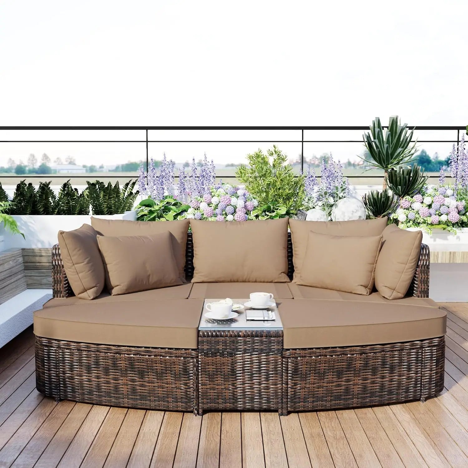 Acacia Wood Half-Moon Outdoor Sofa Set
