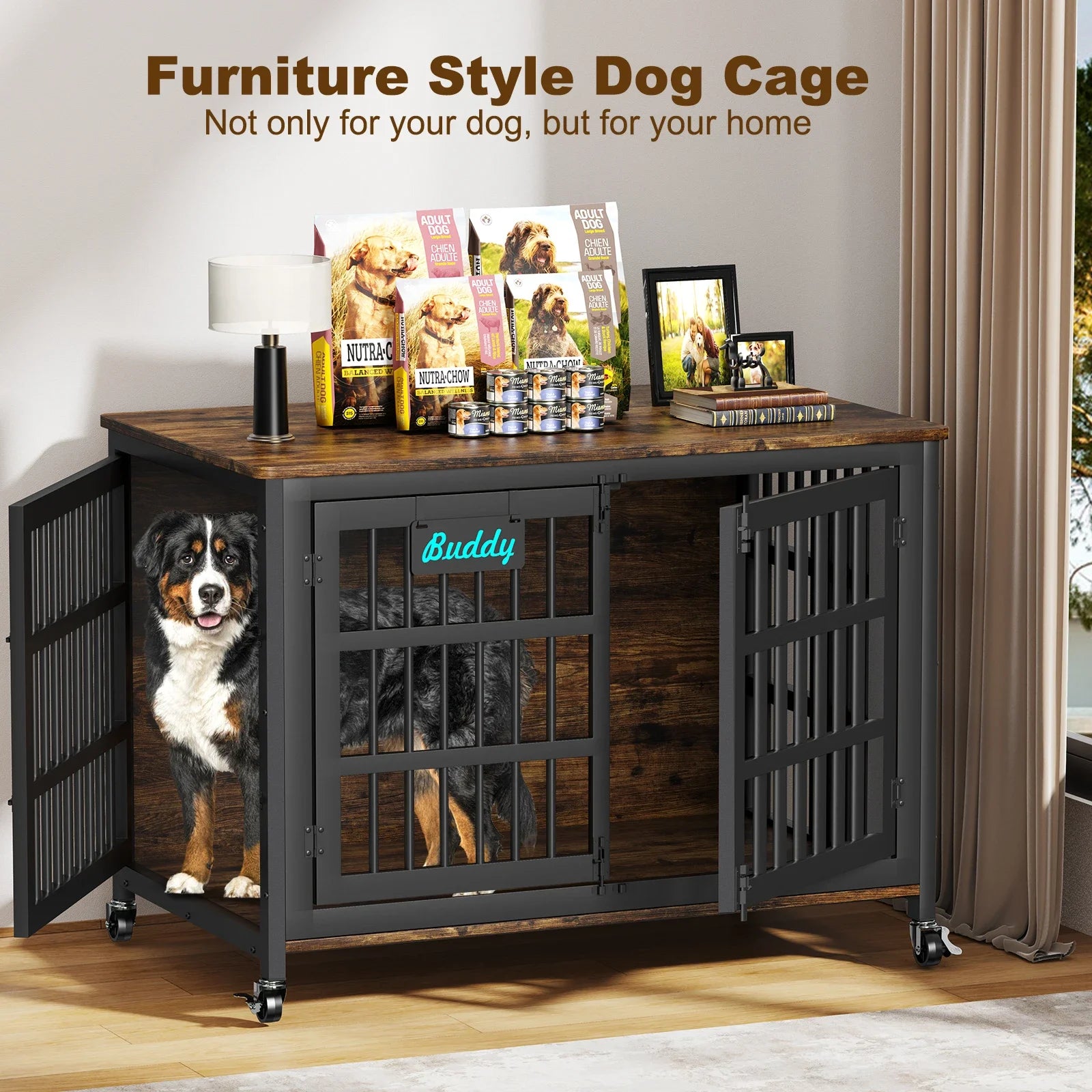 Dog Crate Furniture with Casters, Heavy Duty Dog Kennel