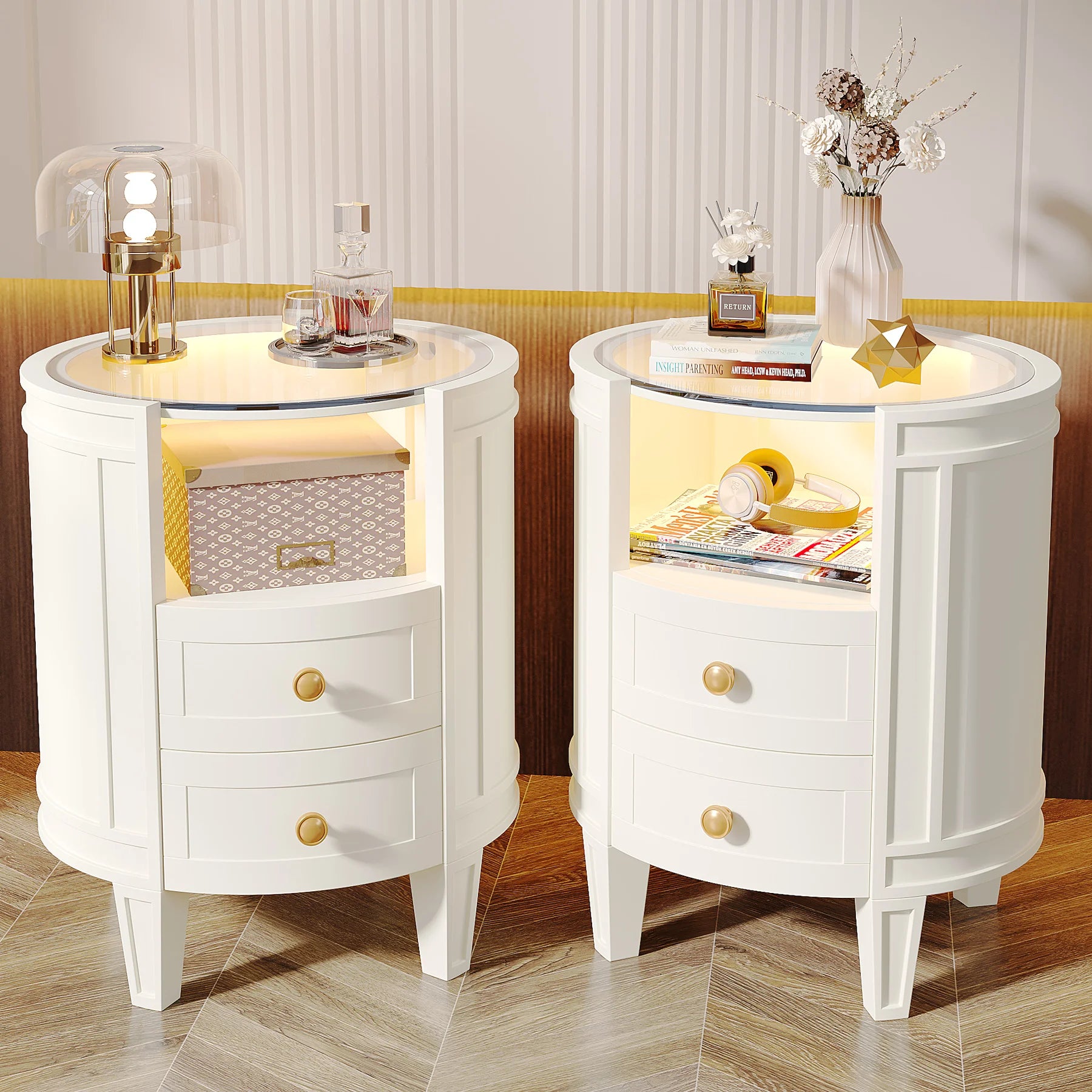 2-Drawer Nightstand with Glass Tabletop