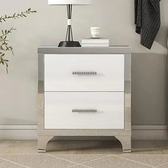 White High Gloss 2-Drawer Mirrored Nightstand