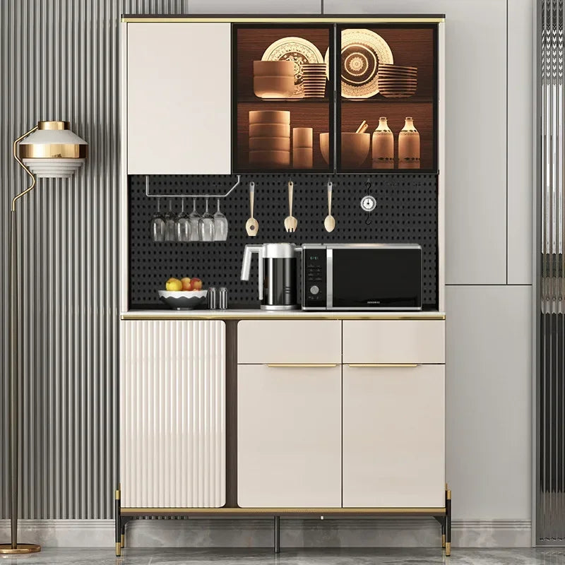 Luxury Pantry Cabinet Kitchen Hutch Buffet Sideboard Oven Countertop Storage Microwave Cabinet with 3 Door Living Room Furniture