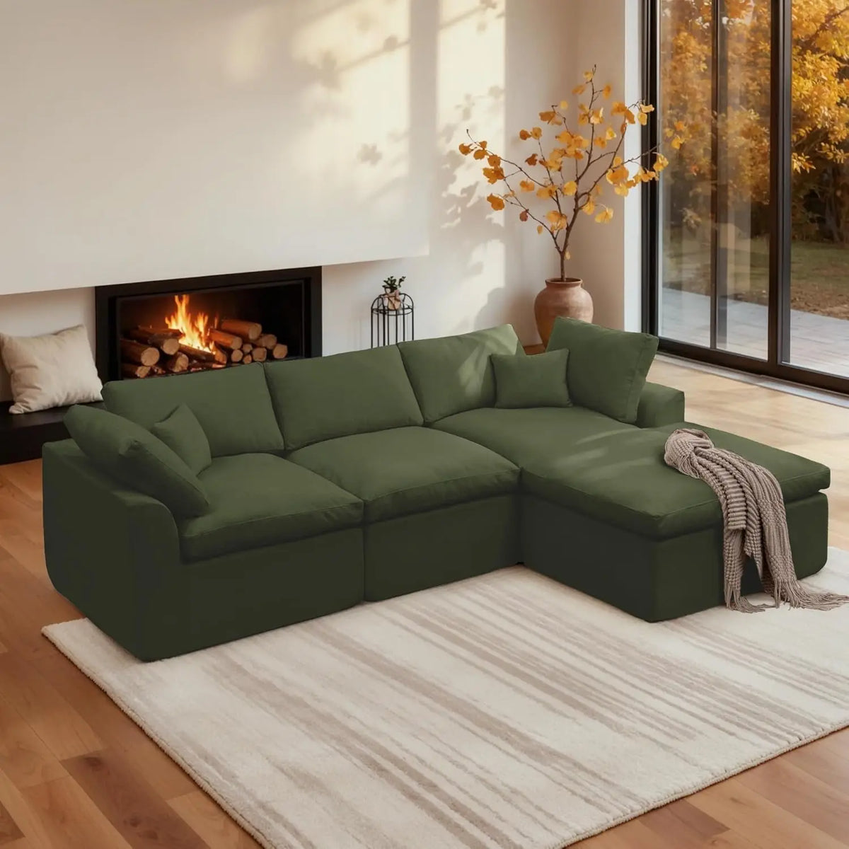 110" Modular Sectional Sofa with Ottoman, Deep Seat Fluffy Chenille, L-Shape Couch