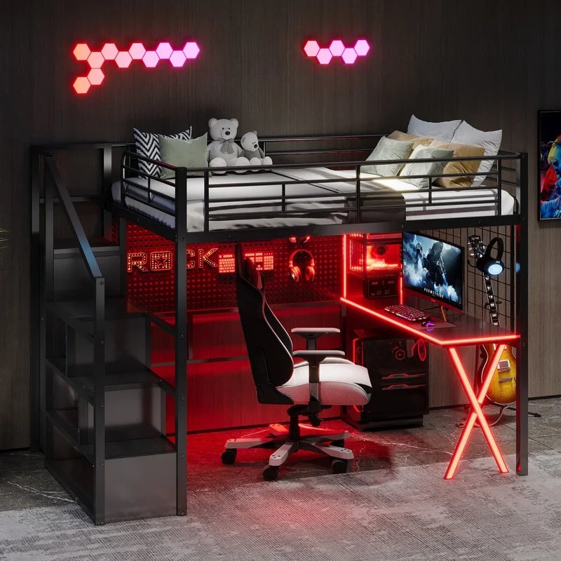 Black Metal Loft Bed with Desk, Wardrobe, Staircase Storage & LED Lighting