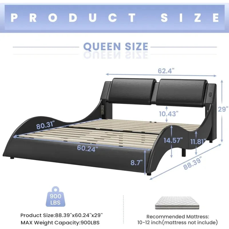 Queen Bed Frame with LED Lights and Charging Port for Imitation Leather Interior Bed