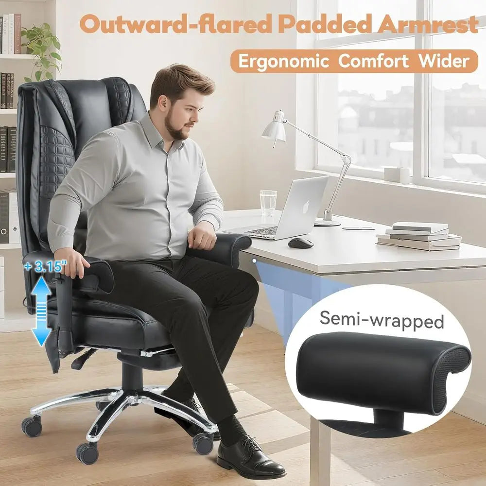 High-Back Leather Desk Chair with Recline, Lumbar Support, and Heating Massage for Home or Office, Black