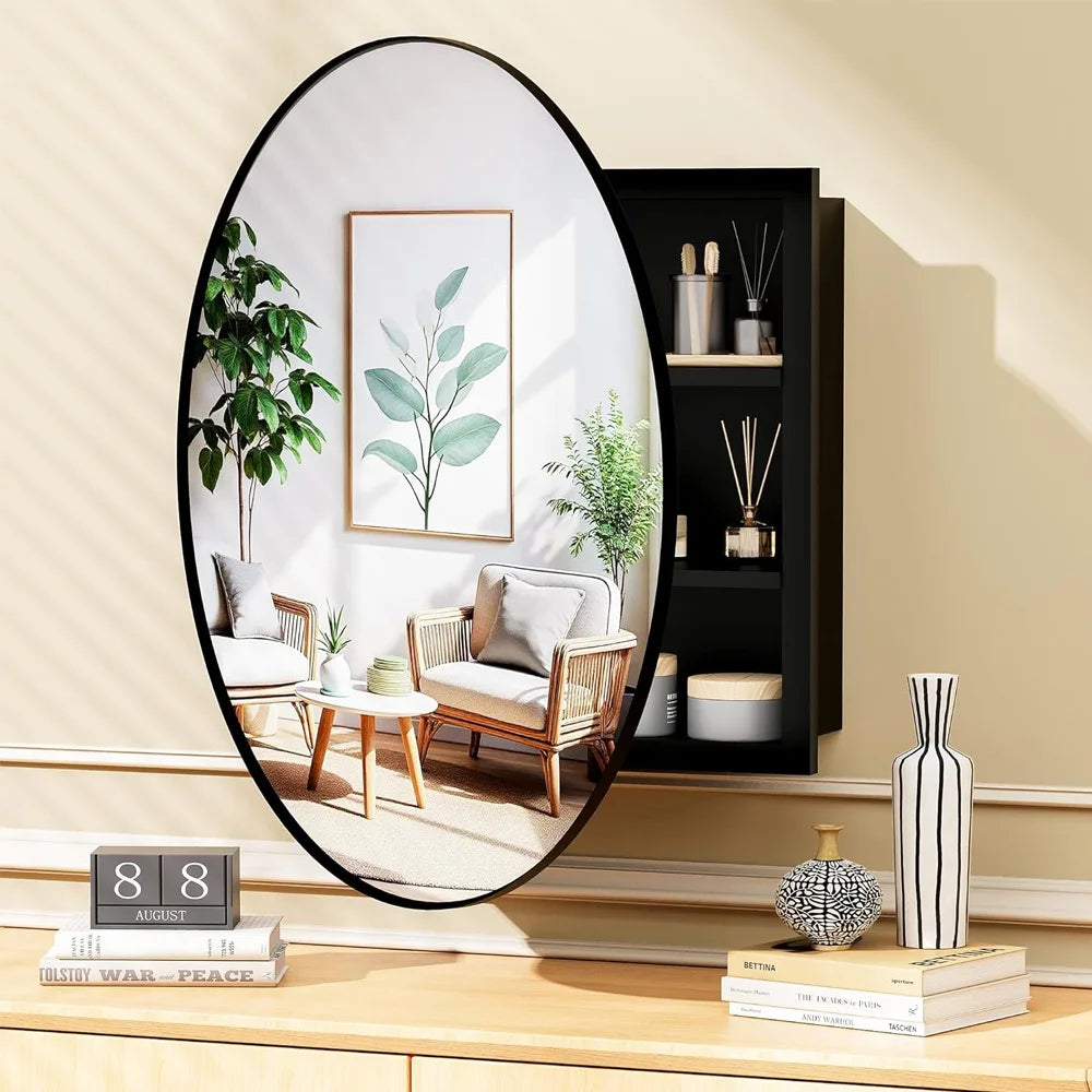Black 52*12.5cm Round Bathroom Mirror Cabinet