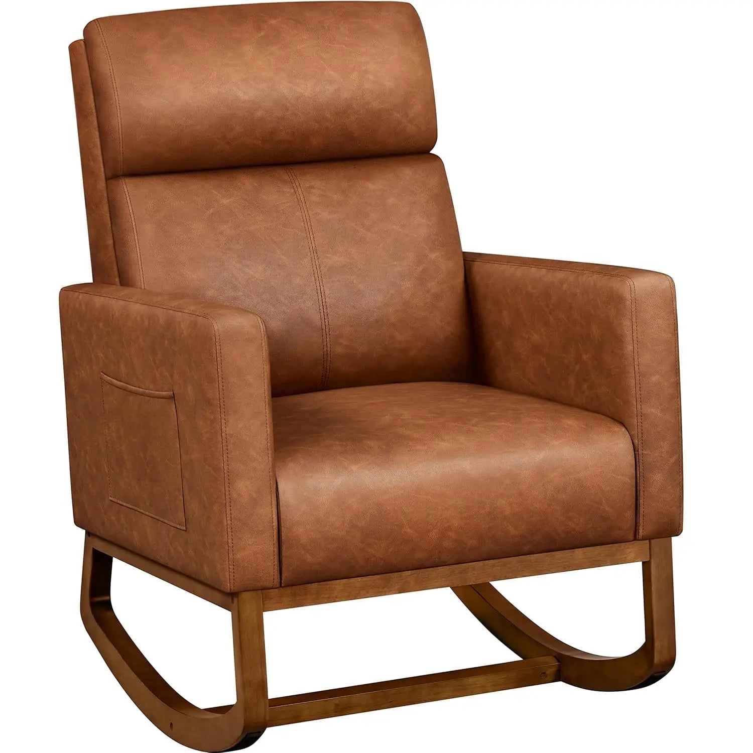 Leather Rocking Chair High Back Side Pocket Wood Legs