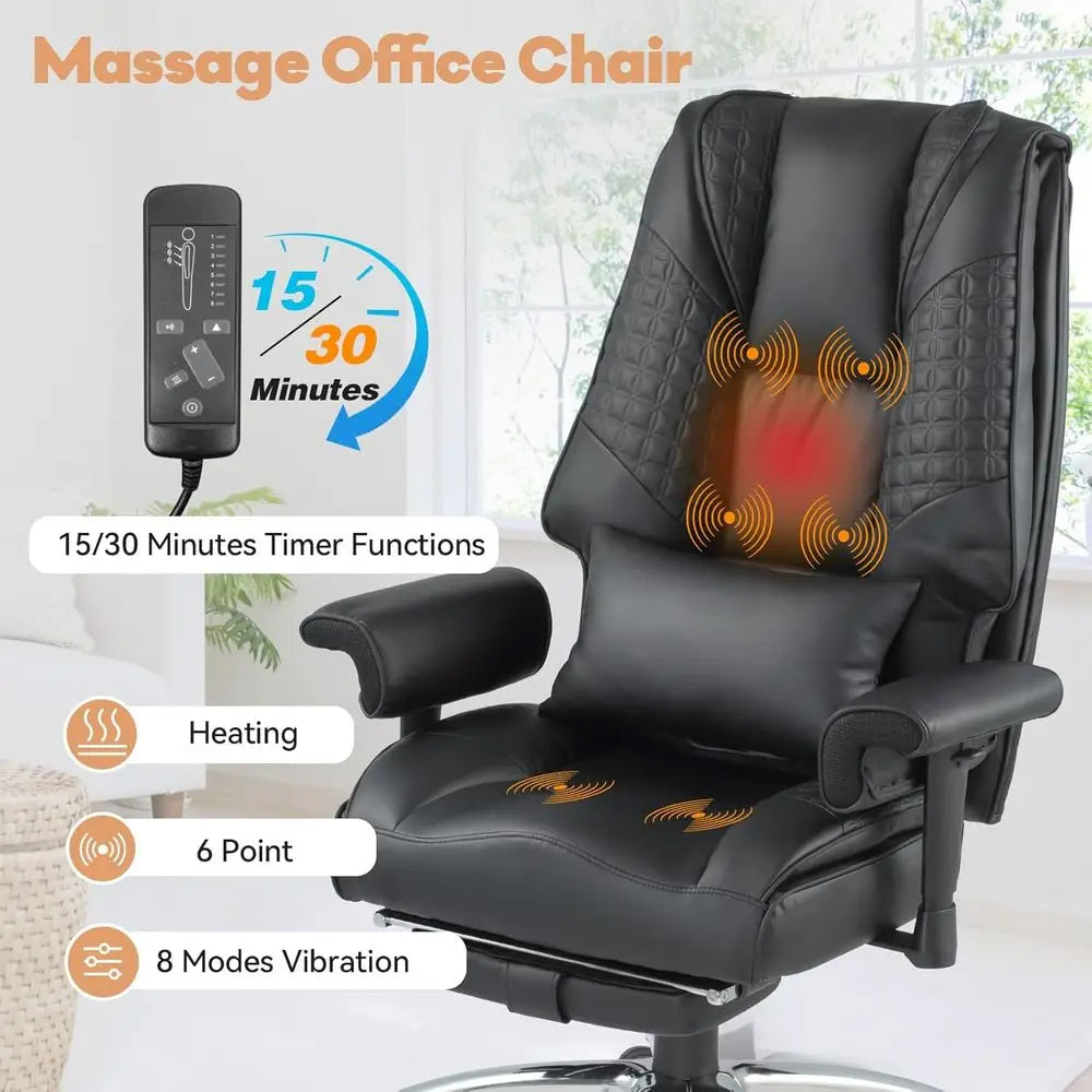 High-Back Leather Desk Chair with Recline, Lumbar Support, and Heating Massage for Home or Office, Black