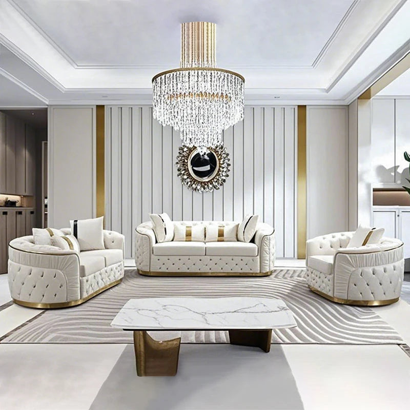 European Luxury Rose Gold Leg White Sectional Sofa Genuine Leather