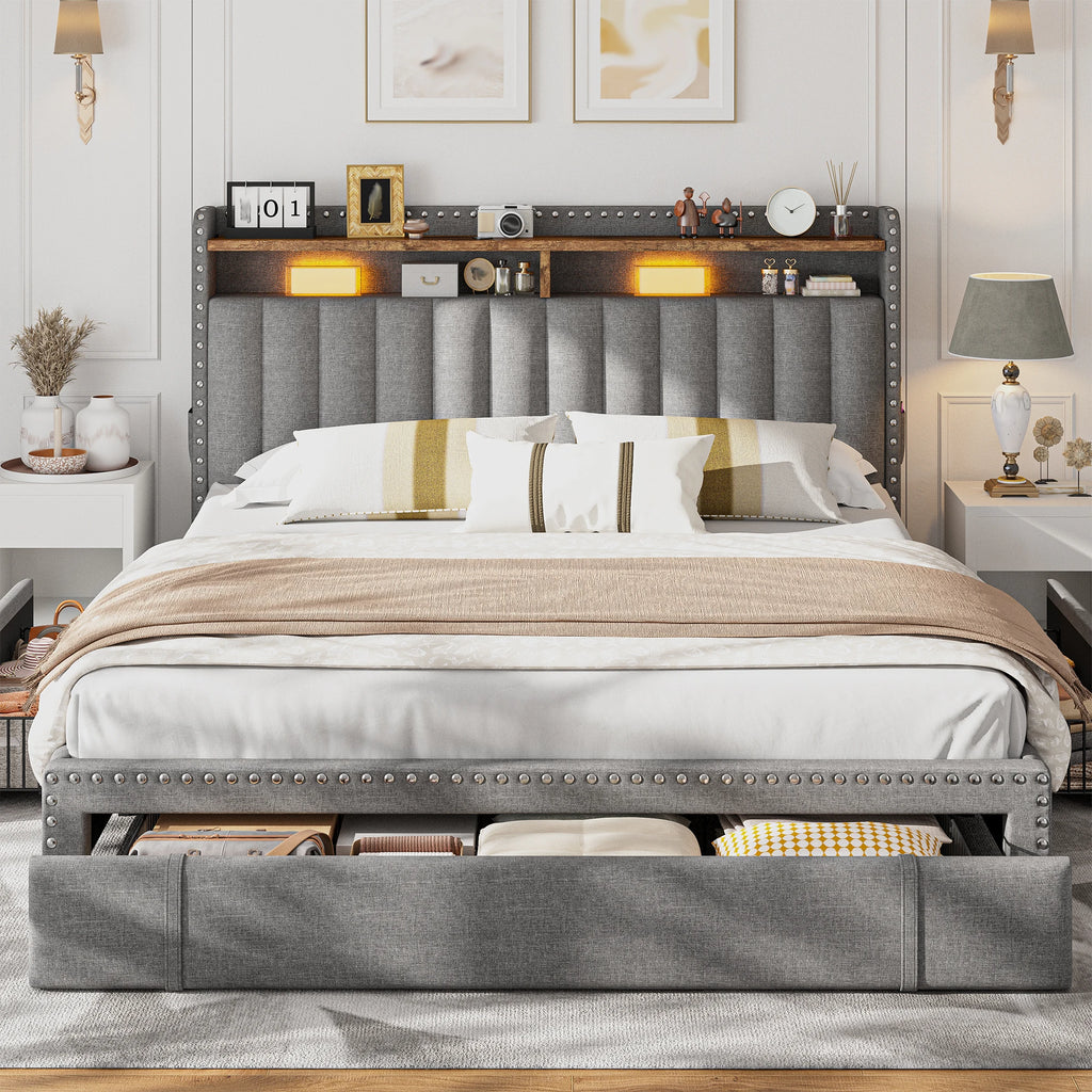 Full/Queen/King Bed Frame with 3 Drawers & 2-Tier Storage