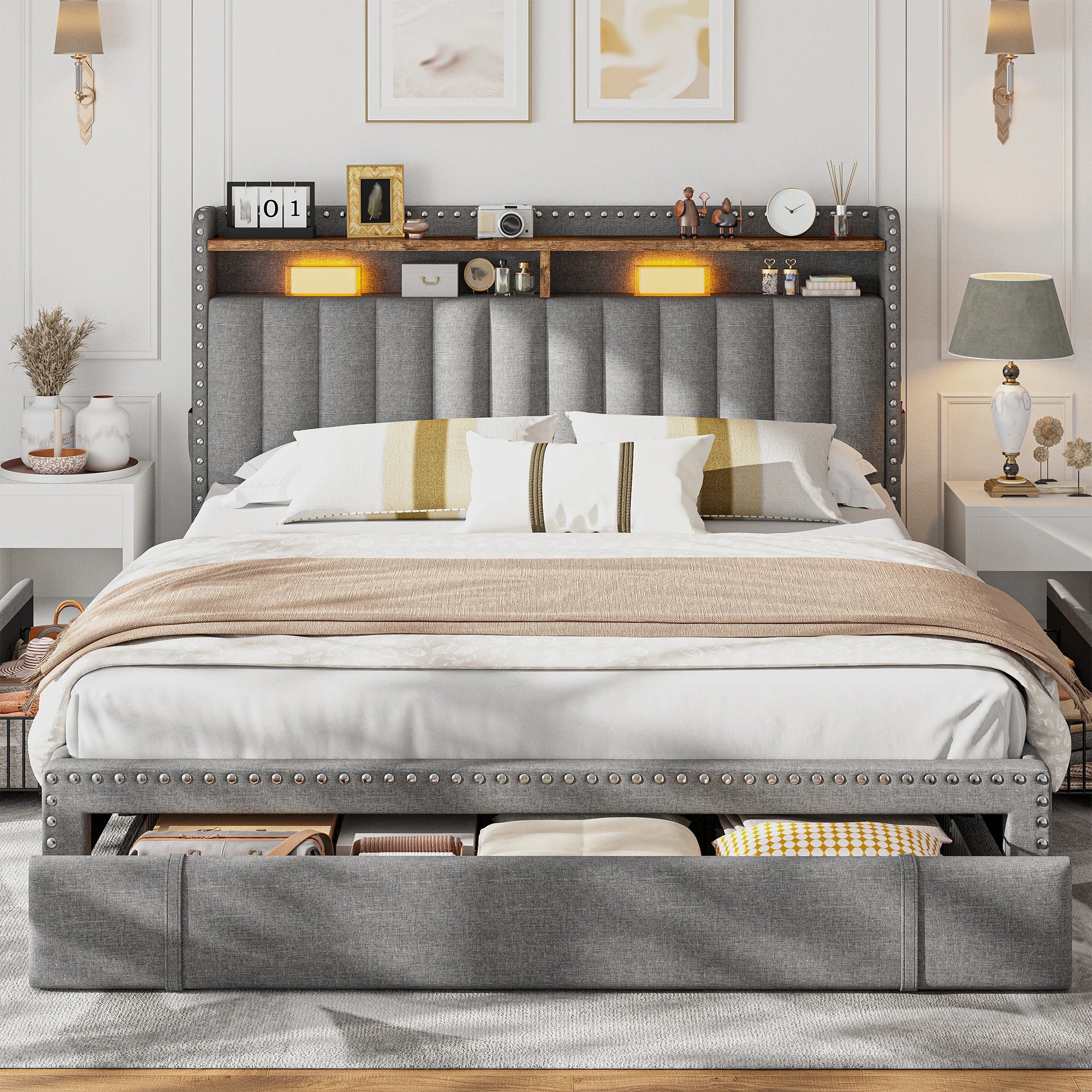 Full/Queen/King Bed Frame with 3 Drawers & 2-Tier Storage