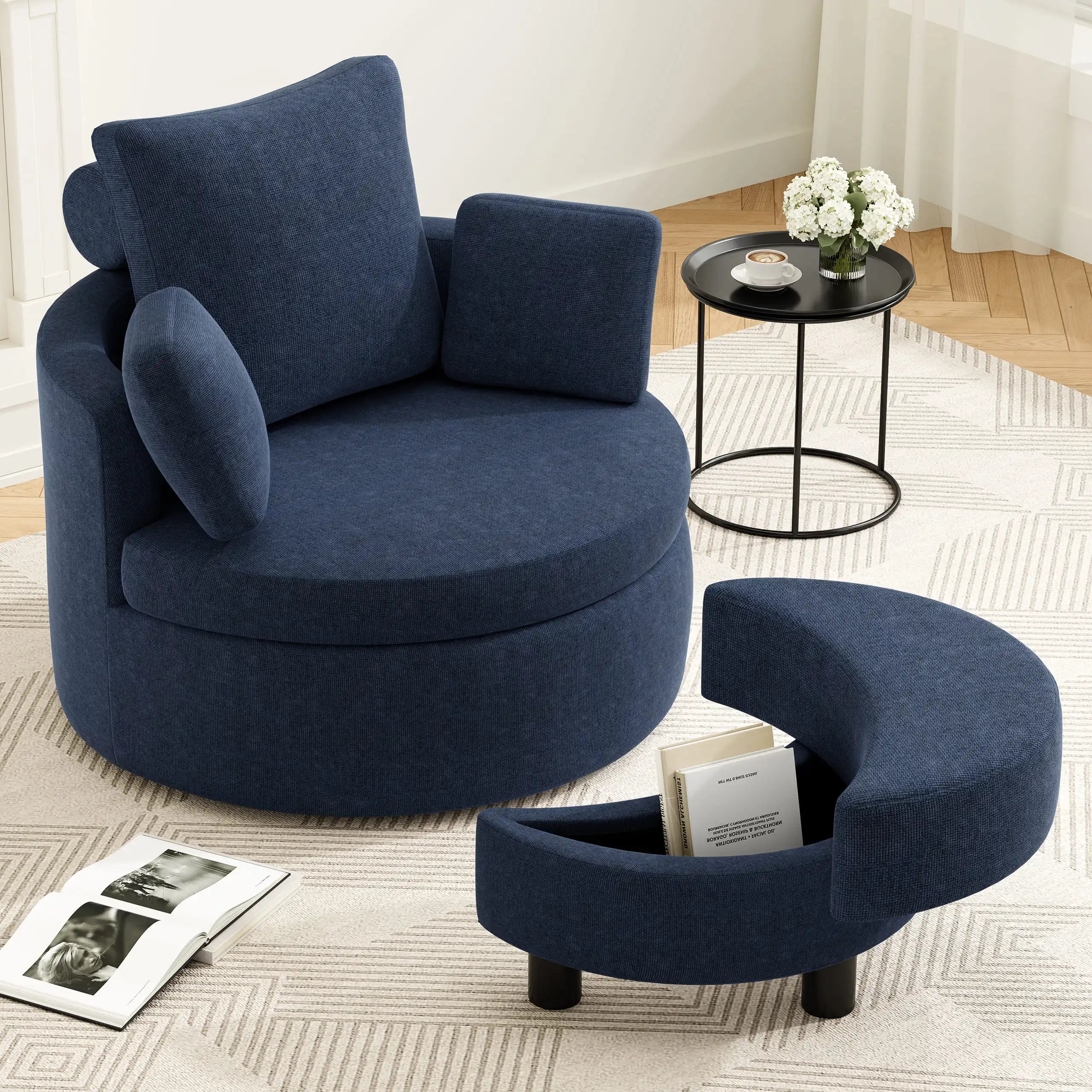 Oversized Swivel Barrel Chair with Storage Ottoman