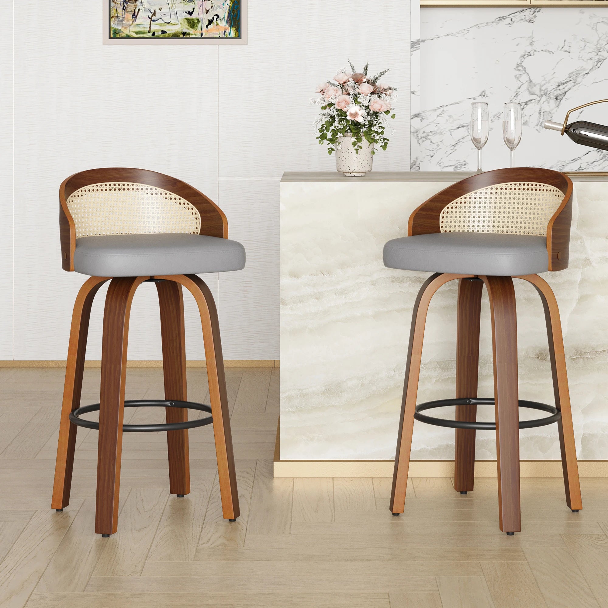 Set of 2 Swivel Bar Kitchen Stools, Modern Wood Frame with Rattan Back,