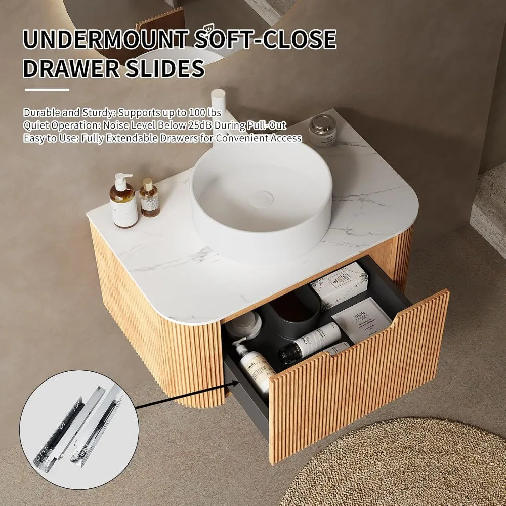 24" Floating Bathroom Vanity, Solid Wood, White Ceramic Sink