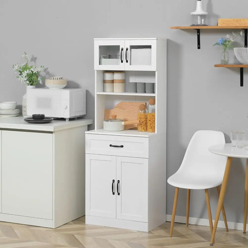Four-Door Kitchen Pantry Cabinet with Hutch and Coffee Bar, Adjustable Shelves, White