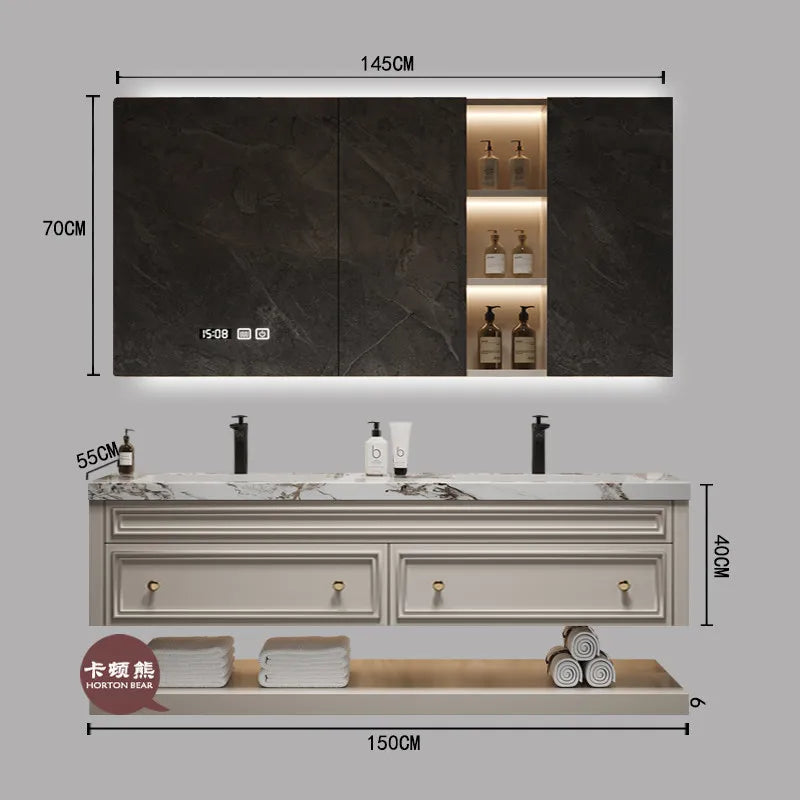 French-Style Seamless Integrated Double Basin Oak Bathroom Vanity