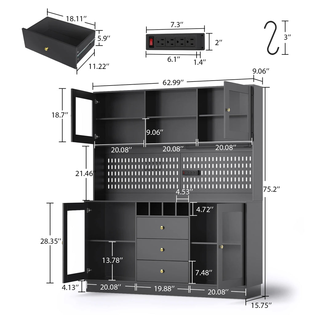 Kitchen Storage Cabinet, Buffet Hutch with Pegboard, Cup Holder