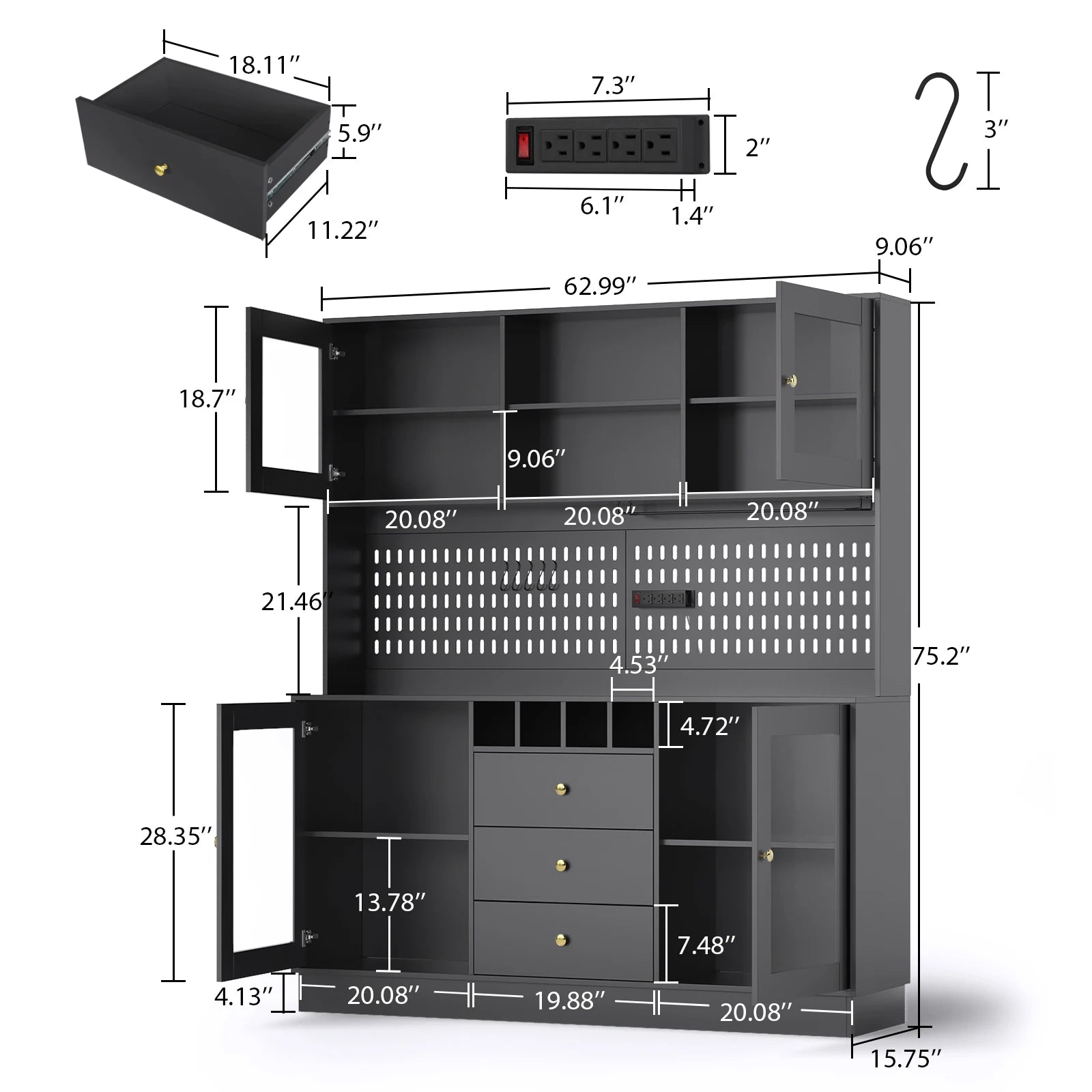 Kitchen Storage Cabinet, Buffet Hutch with Pegboard, Cup Holder