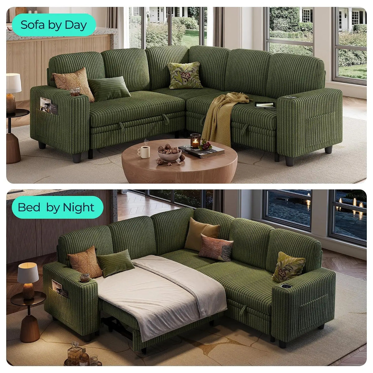 Sectional Couches, 81" L Shape 5 Seats, Green Sleeper Sofa