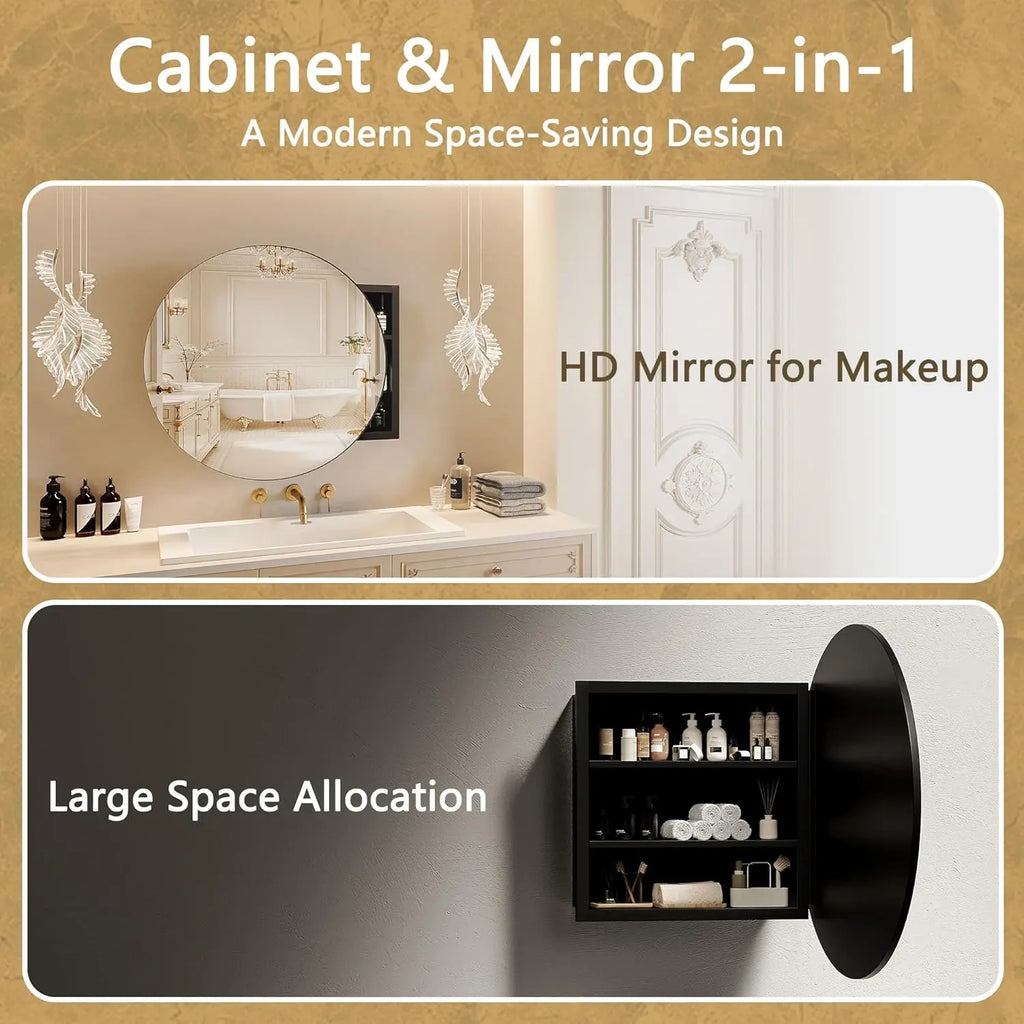 Black 52*12.5cm Round Bathroom Mirror Cabinet