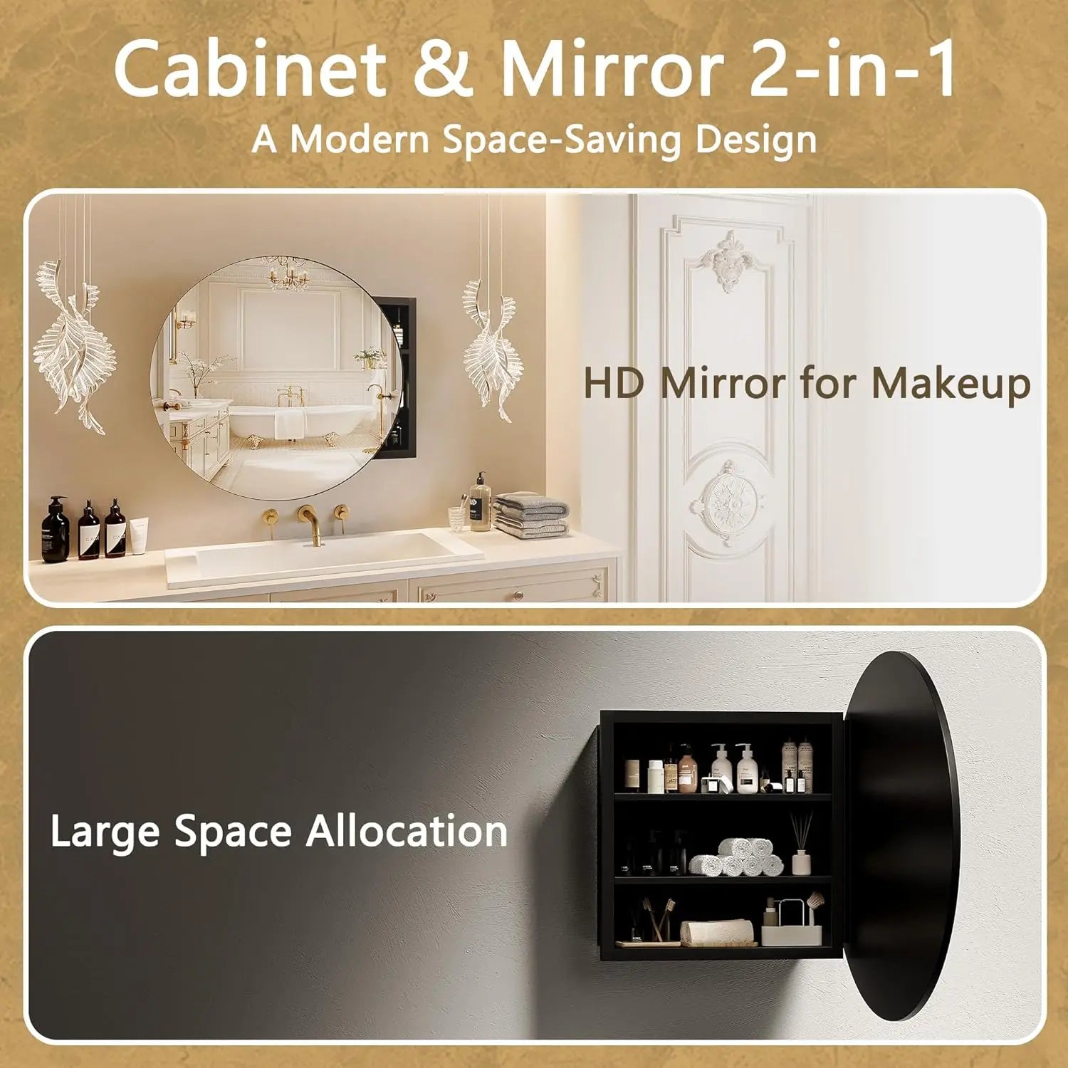 Black 52*12.5cm Round Bathroom Mirror Cabinet