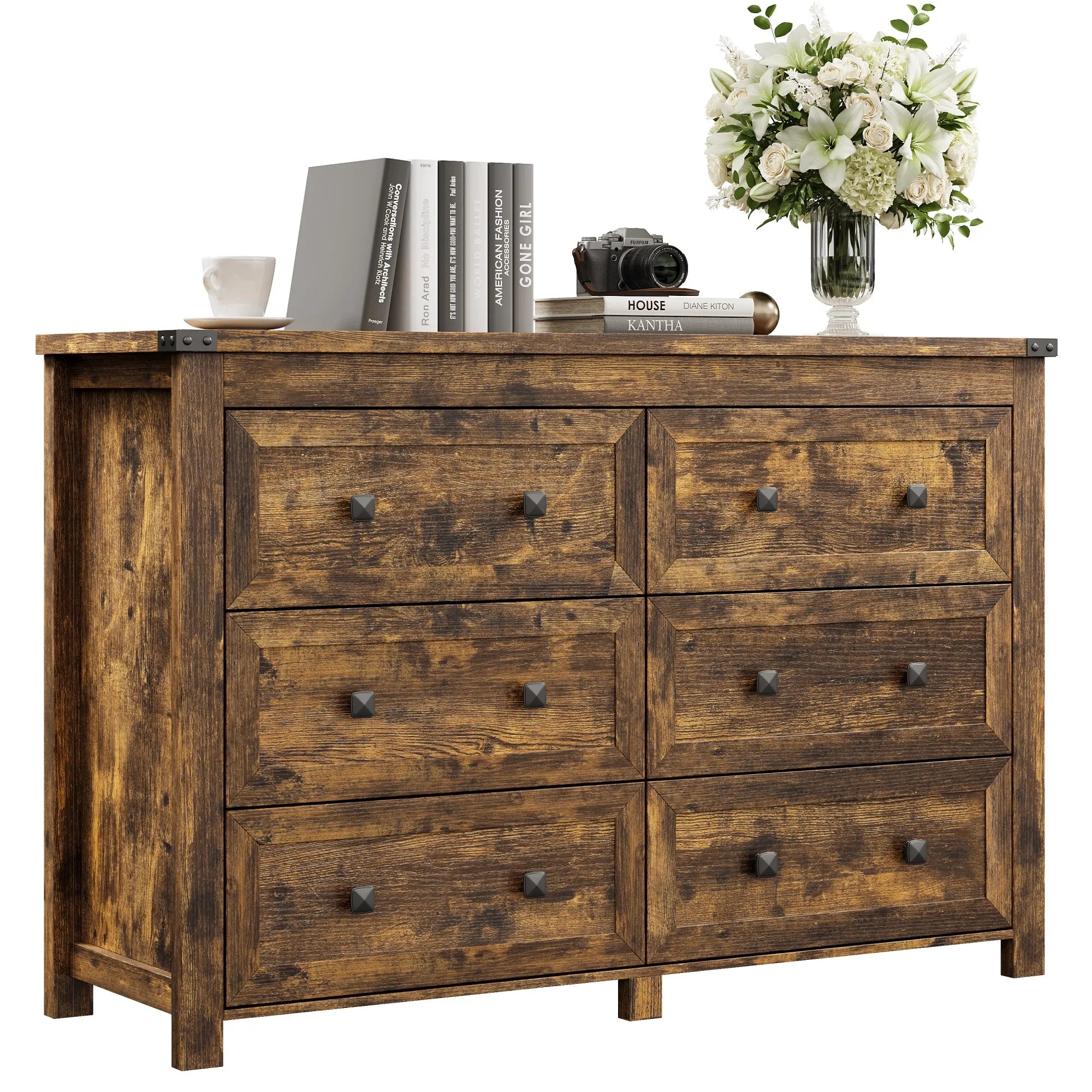 Wood 6 Drawer Dresser, 47" Wide Modern Double Chest of Drawers
