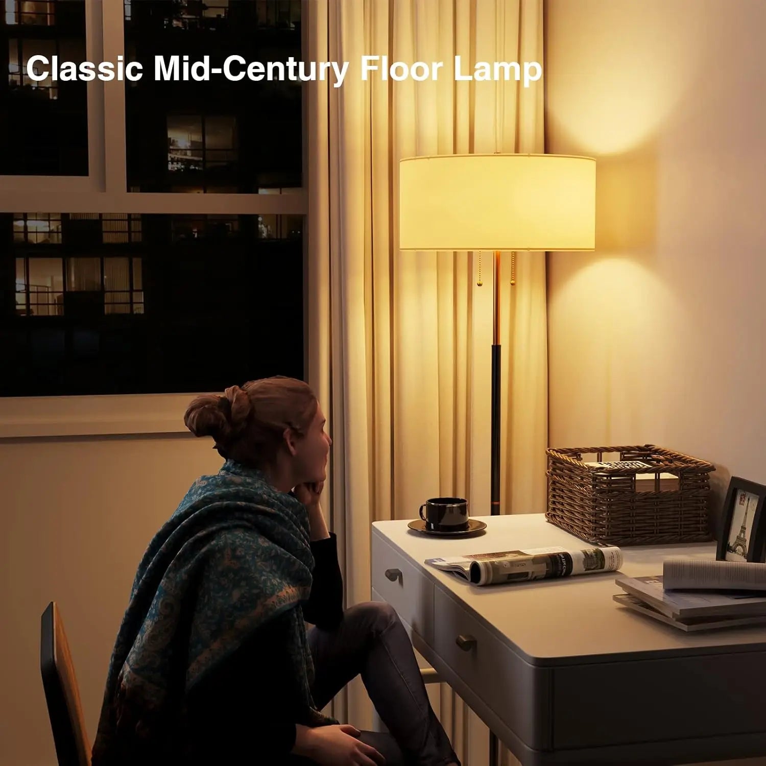 2-Light Floor Lamp with White Fabric Shade