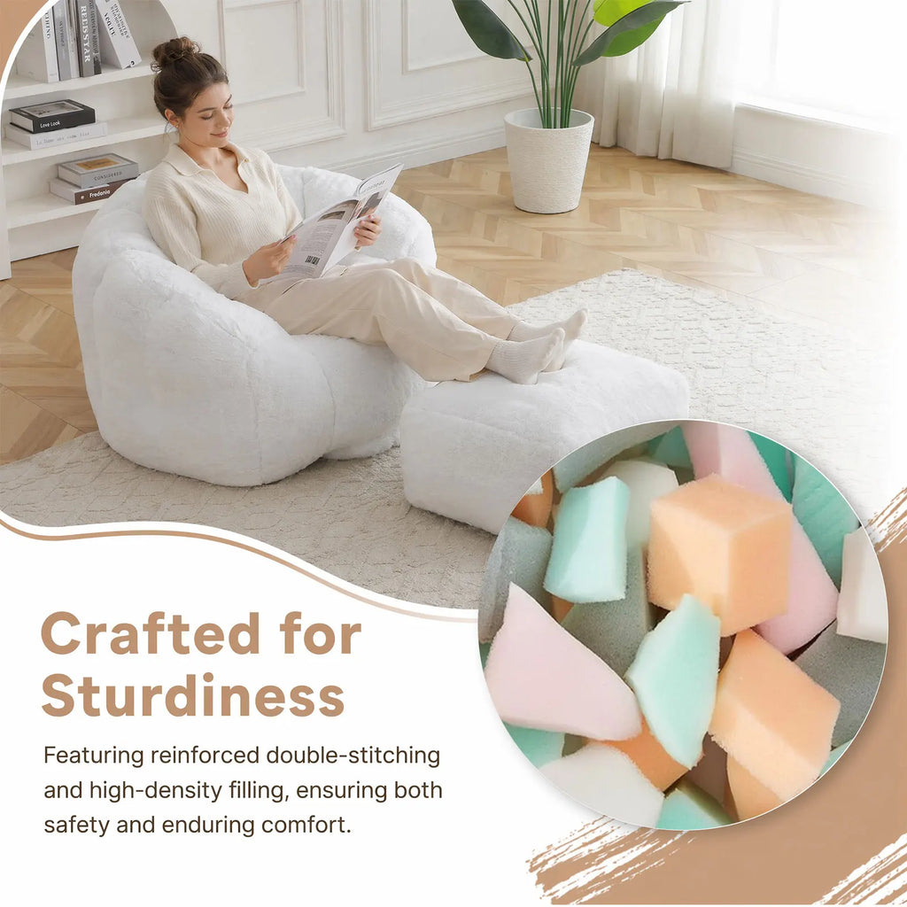 Bean Bag Chair with Ottoman, Comfy Bean Bag Chairs with Memory Foam Filled, Fluffy Beanbag Sofa with Dutch Velvet Cover, Teardrop BeanBag Chairs for Living Room, Playroom