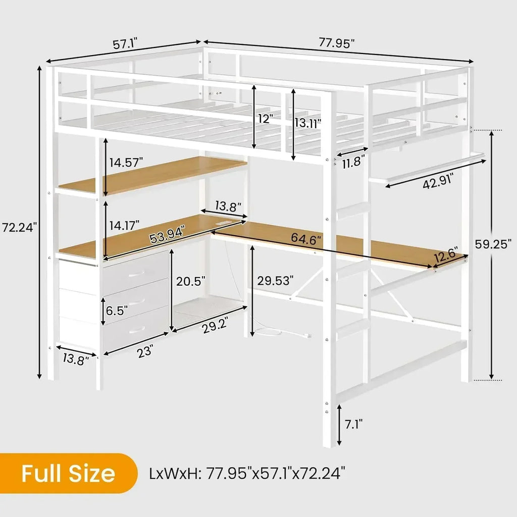 LED Lights and Charging Station Full Metal Loft Bed