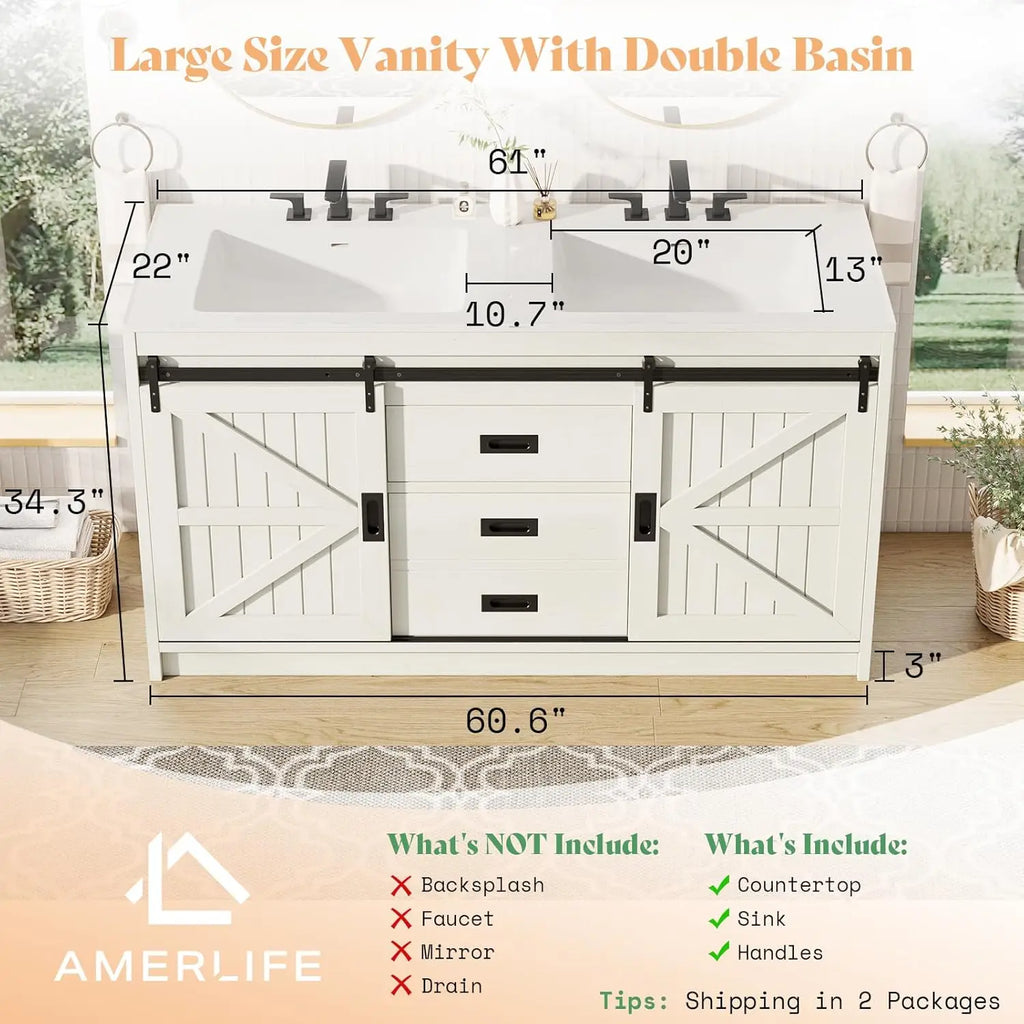 61" Farmhouse Double Bathroom Vanity with Sink Combo