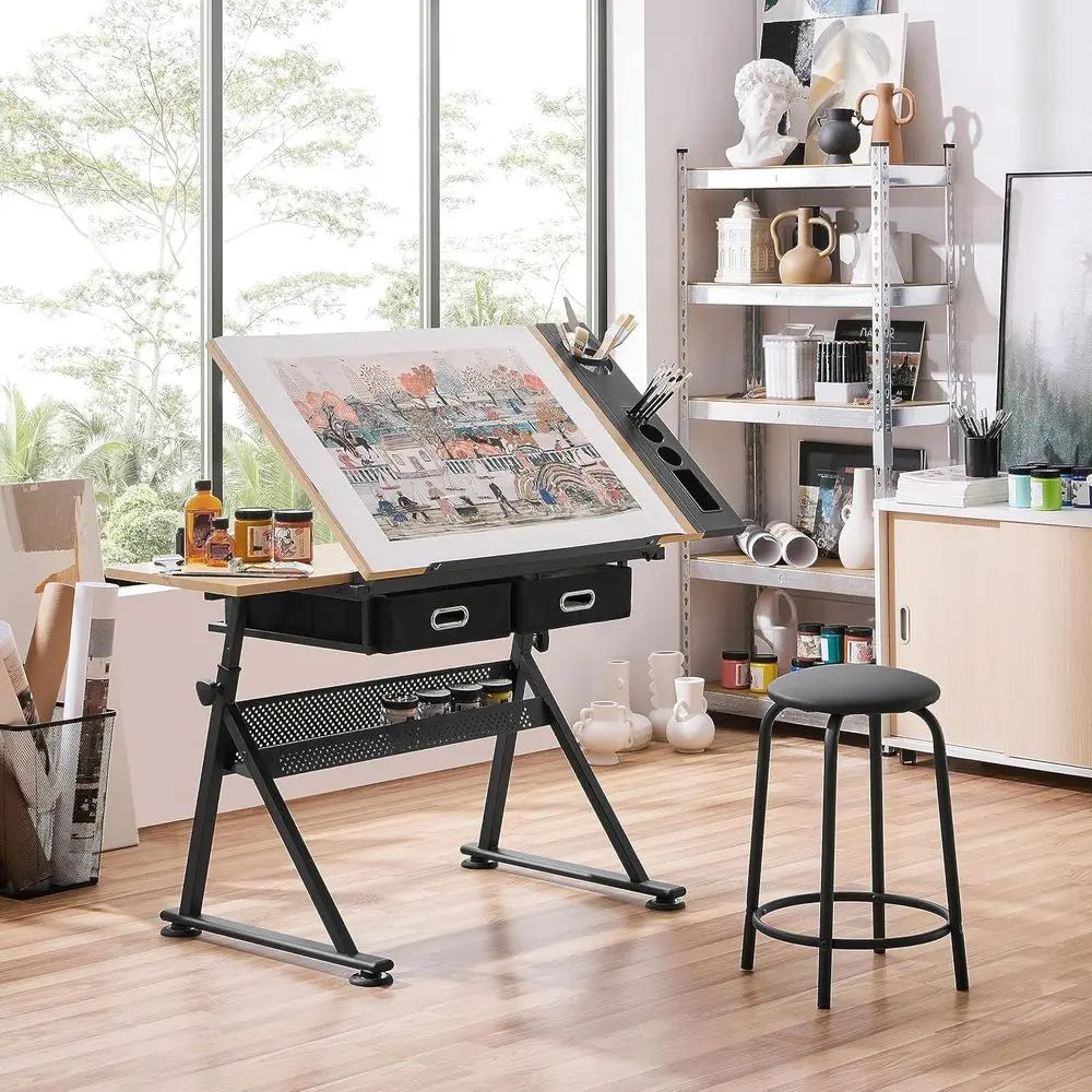 Adjustable Height Artist Desk with Storage Drawers and Stool