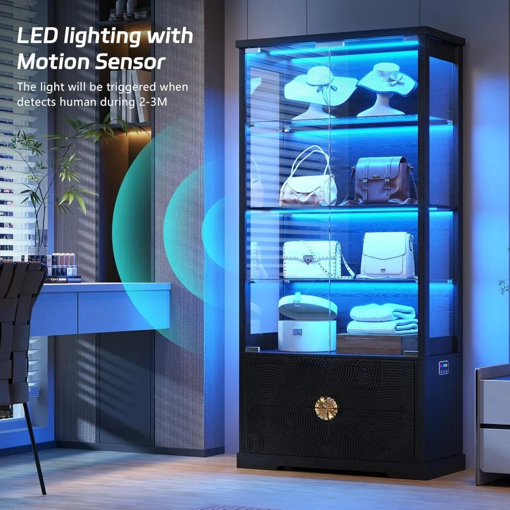 RGB Glass Display Cabinet with Door, 4-Tier Curio Cabinet