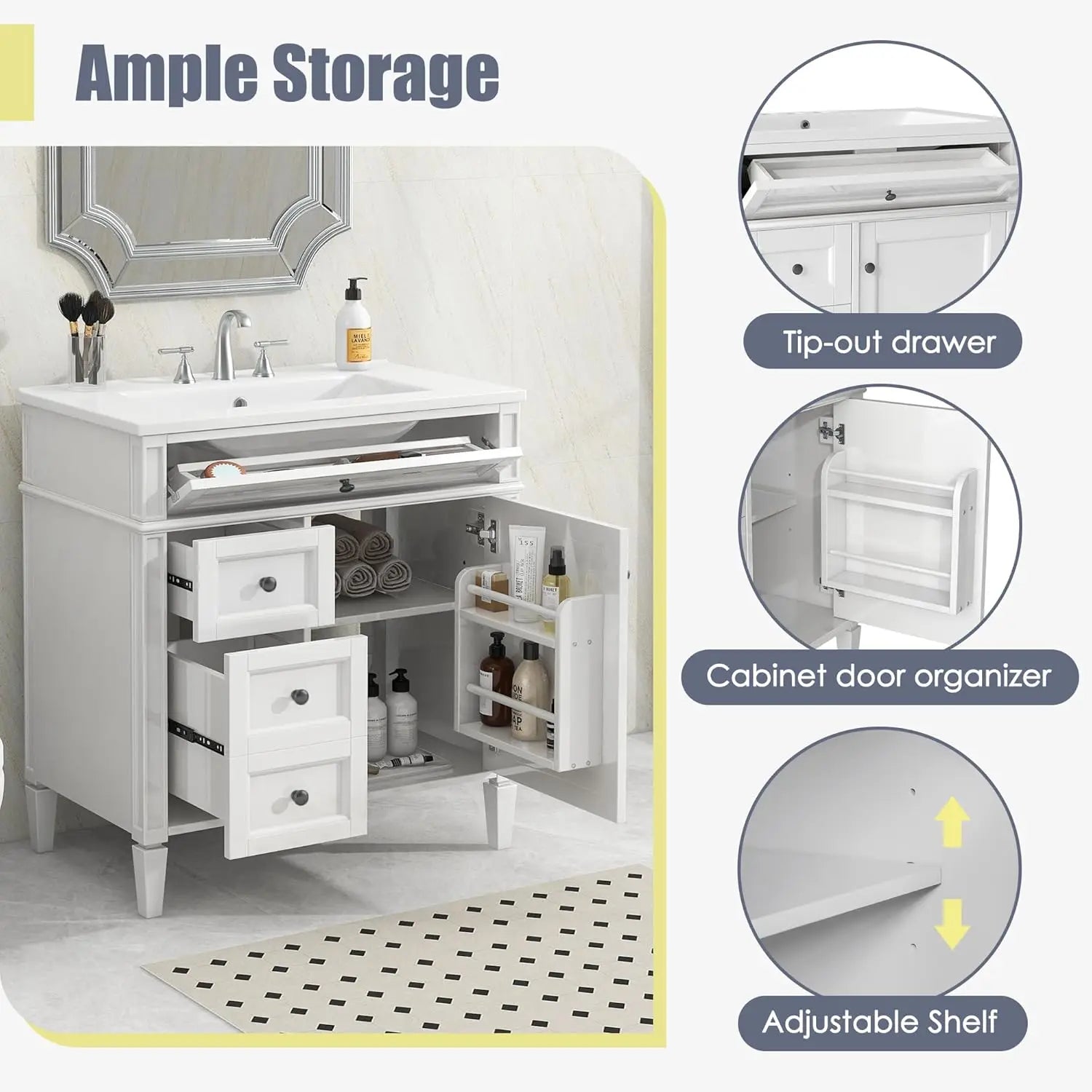 30" Bathroom Vanity Ceramic Sink Modern Freestanding Storage